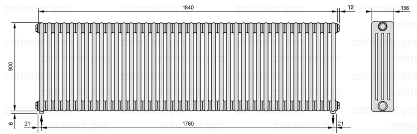 Схема (чертеж) Радиатор Zehnder Charleston 4090/40 №5310 Белый глянцевый RAL 9016